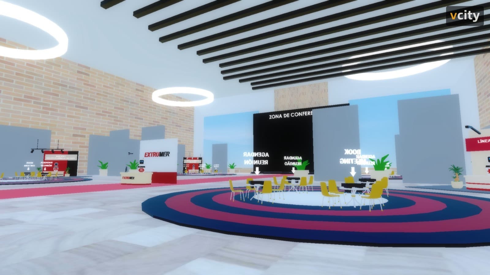 Meeting and conference zones — Visitors book a meeting or join a talk from inside the space, in their language.