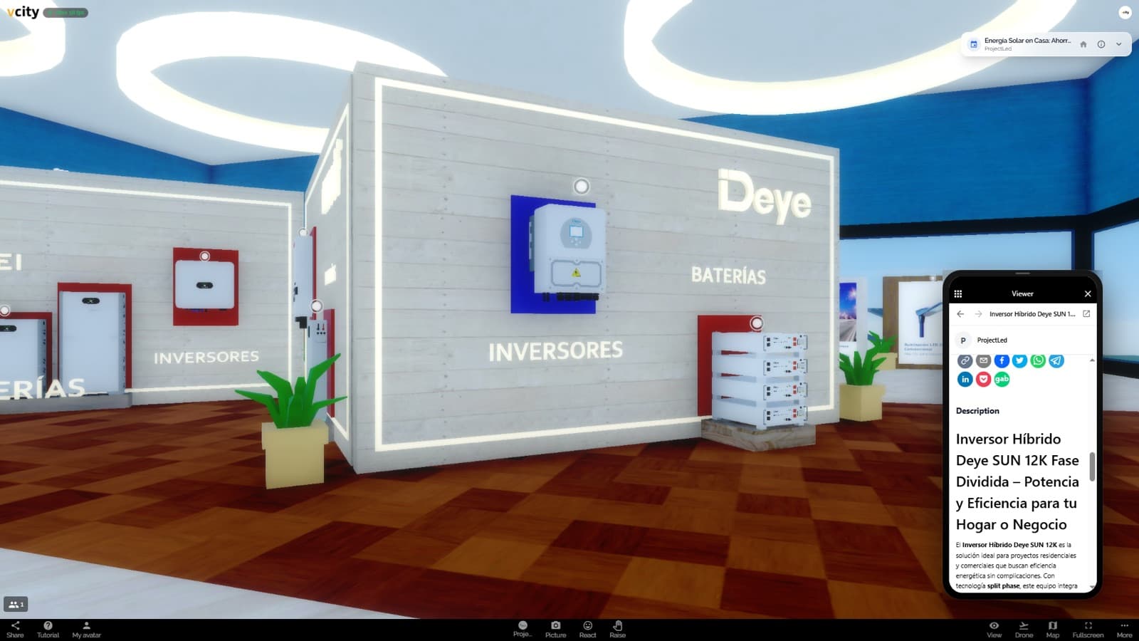 Commerce built into the scene — Product sheets, quotes and sharing open right over the 3D view — no context switch.
